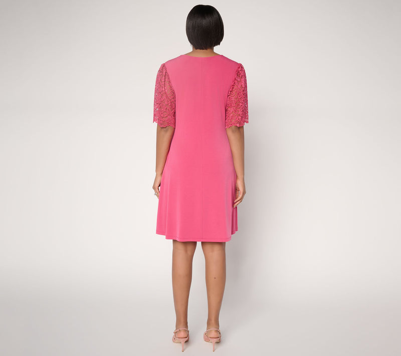 Susan Graver Petite Liquid Knit V-Neck A-Line Dress w/ Lace Sleeves — View 4