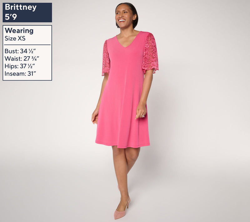 Susan Graver Petite Liquid Knit V-Neck A-Line Dress w/ Lace Sleeves — View 3