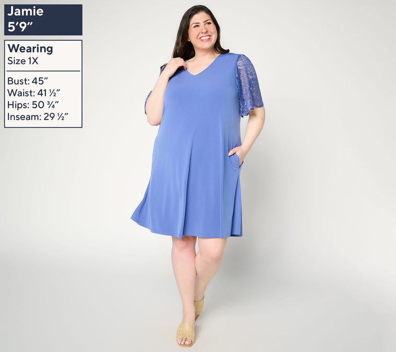 Susan Graver Petite Liquid Knit V-Neck A-Line Dress w/ Lace Sleeves — View 2