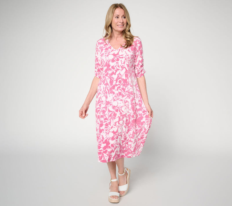 Susan Graver Petite Printed Liquid Knit Fit & Flare Midi Dress — Main view