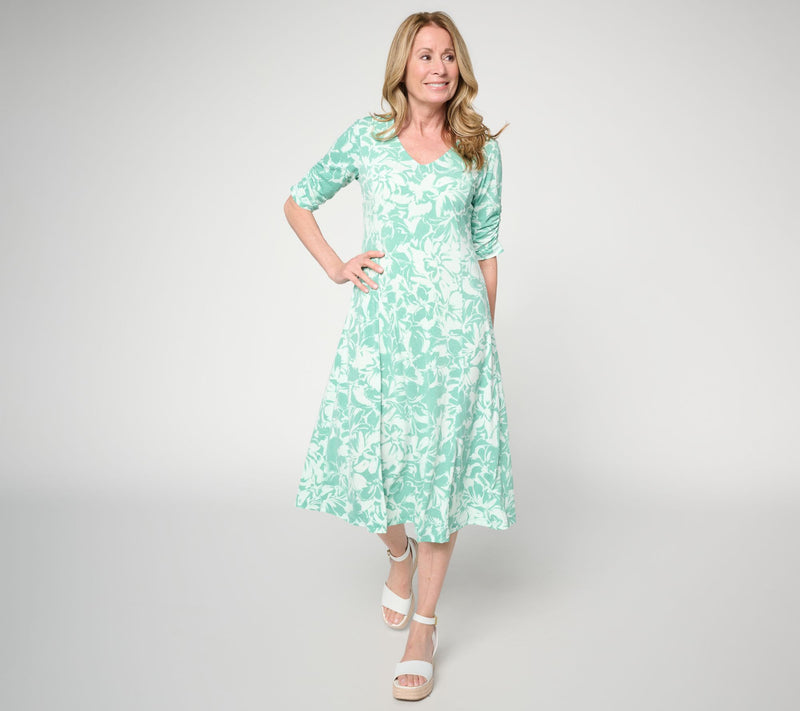 Susan Graver Petite Printed Liquid Knit Fit & Flare Midi Dress — View 12