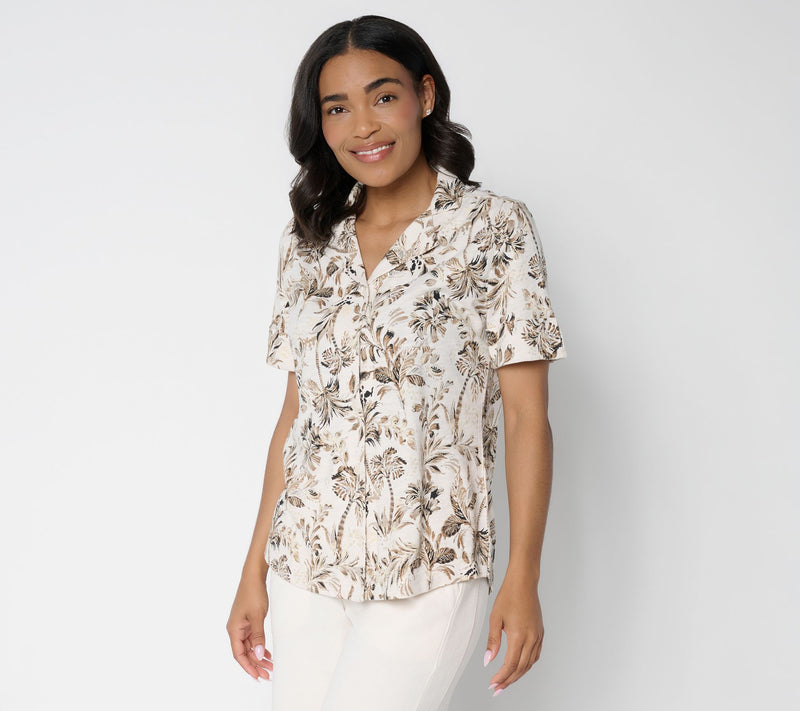 Denim & Co. Printed Linen Blend Button Front Top — View 10