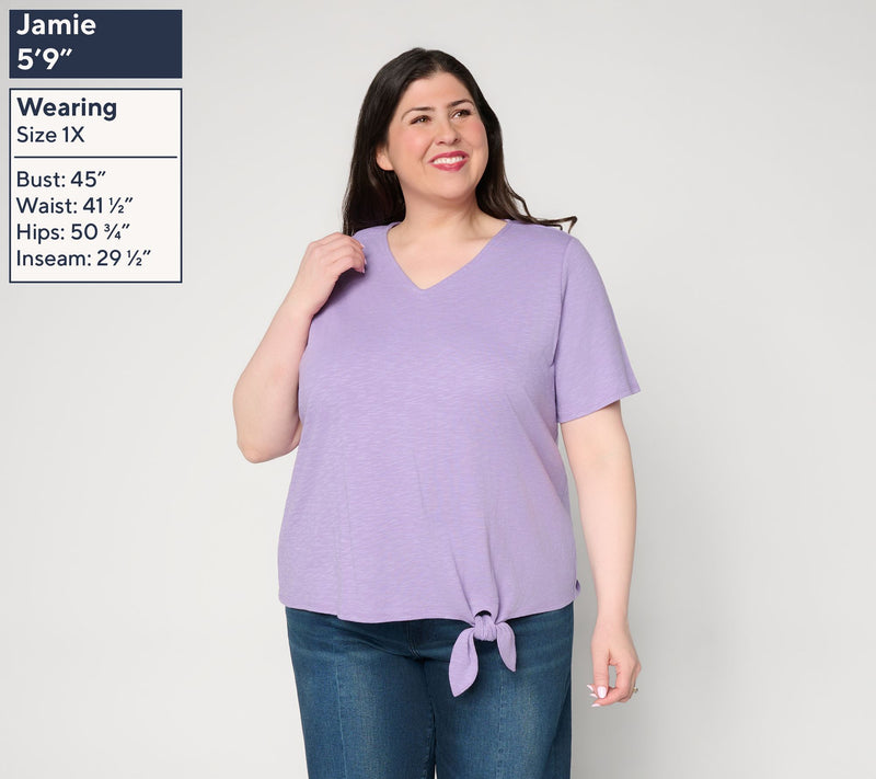 Denim & Co. Linen Blend V-Neck Short Sleeve Side Tie Top — View 2