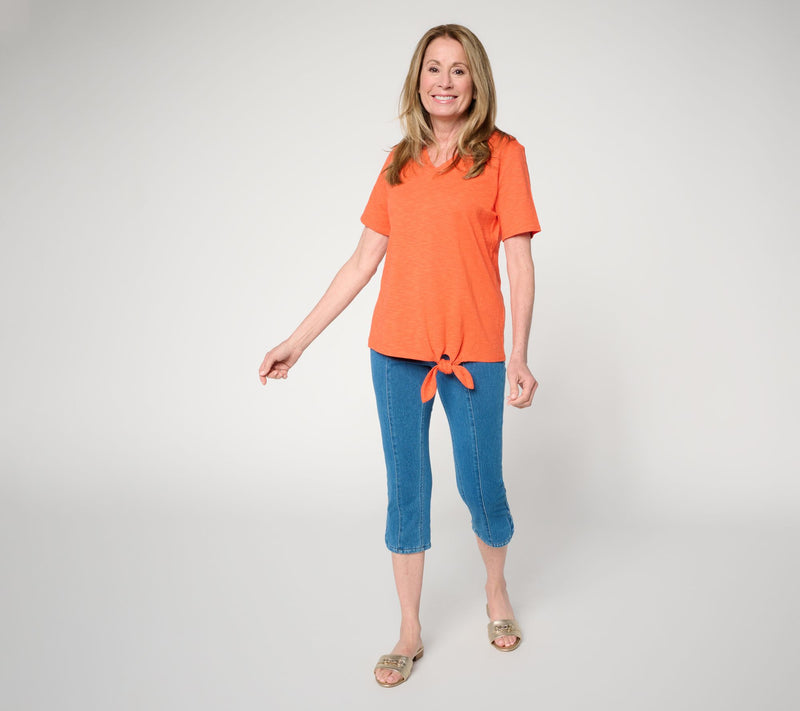 Denim & Co. Linen Blend V-Neck Short Sleeve Side Tie Top — View 5
