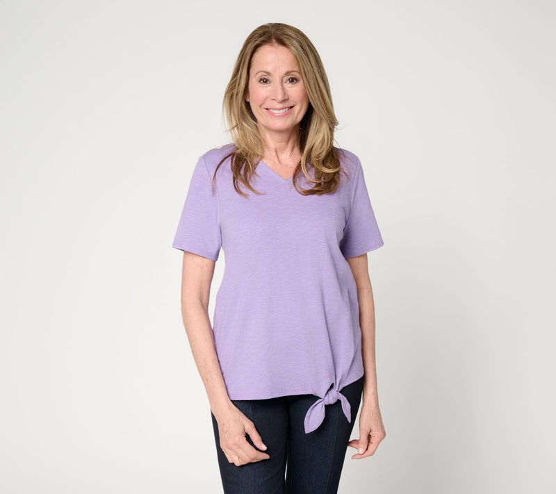 Denim & Co. Linen Blend V-Neck Short Sleeve Side Tie Top — View 12