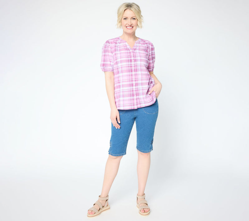 Denim & Co. 100% Cotton Madras Plaid Woven Button Front Top — View 5