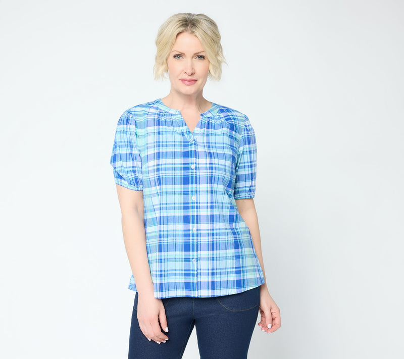 Denim & Co. 100% Cotton Madras Plaid Woven Button Front Top — View 10