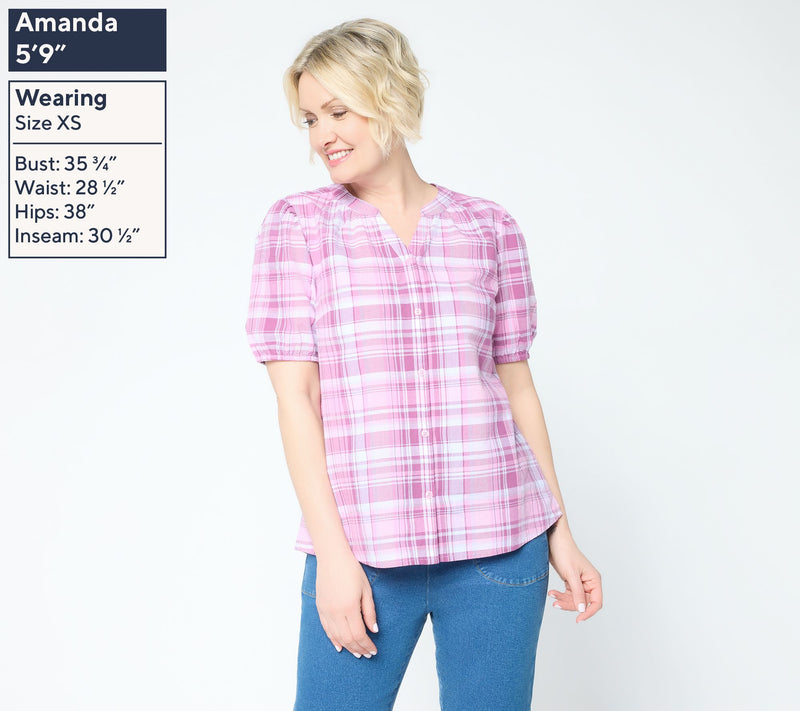 Denim & Co. 100% Cotton Madras Plaid Woven Button Front Top — View 3