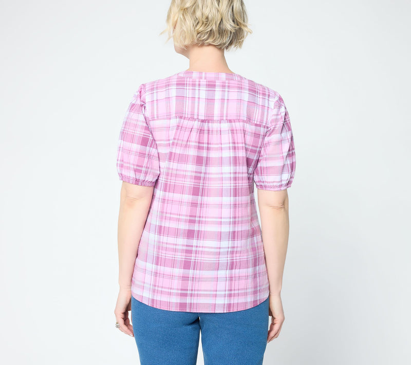 Denim & Co. 100% Cotton Madras Plaid Woven Button Front Top — View 4