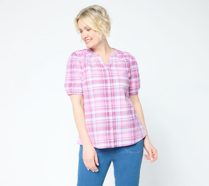 Denim & Co. 100% Cotton Madras Plaid Woven Button Front Top — Main view