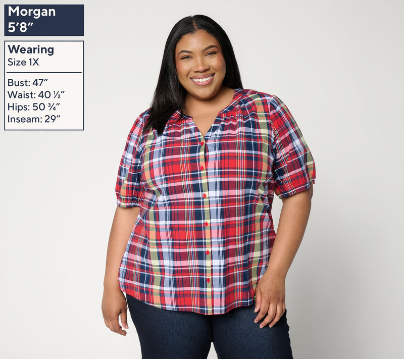 Denim & Co. 100% Cotton Madras Plaid Woven Button Front Top — View 2