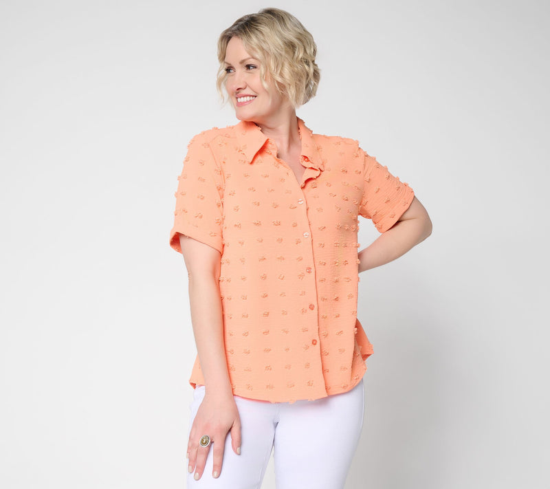Denim & Co. Clip Dot Jacquard Button Front Shirt — Main view