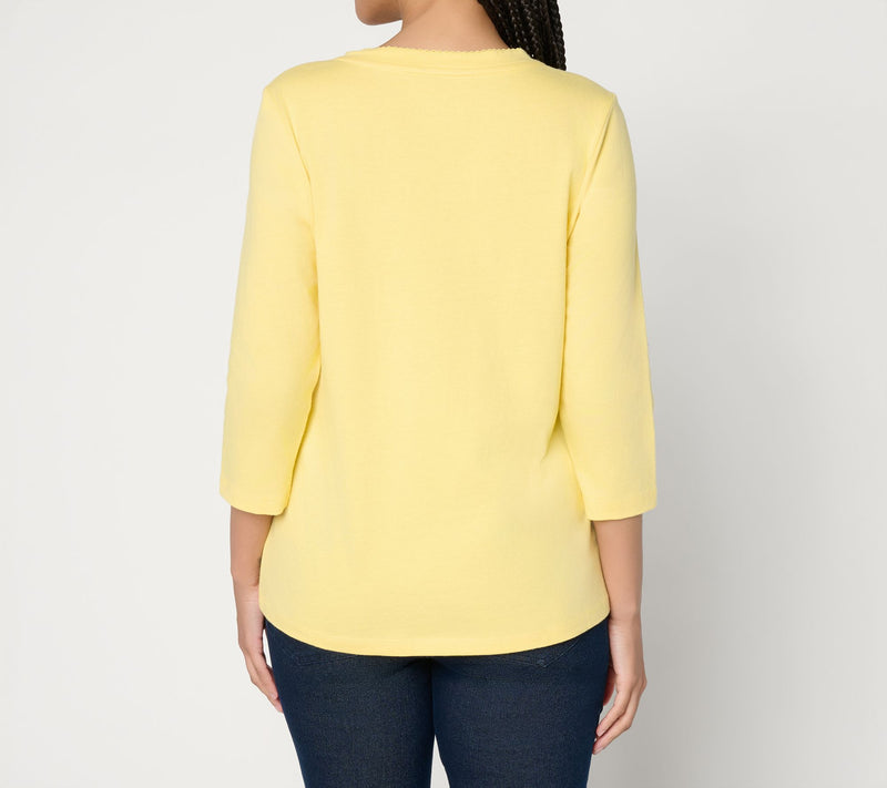 Denim & Co. Essentials True Cotton 3/4 Sleeve Top w/ Trim Detail — View 3