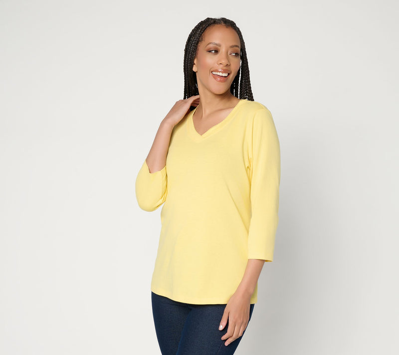 Denim & Co. Essentials True Cotton 3/4 Sleeve Top w/ Trim Detail — Main view