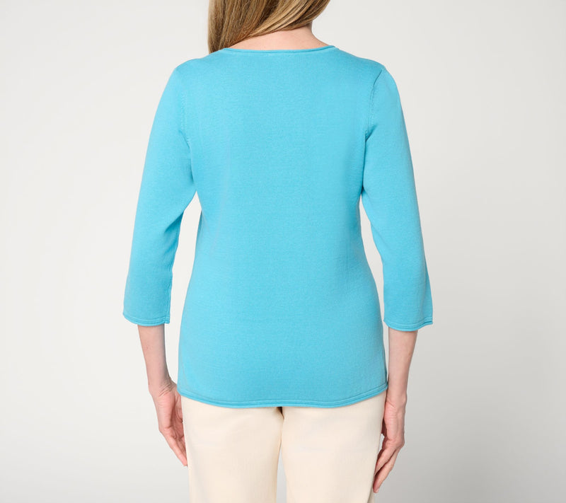 Denim & Co. Beach 3/4 Sleeve V-Neck Sweater w/ Shell Motif — View 3