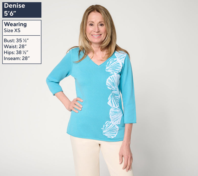 Denim & Co. Beach 3/4 Sleeve V-Neck Sweater w/ Shell Motif — View 2