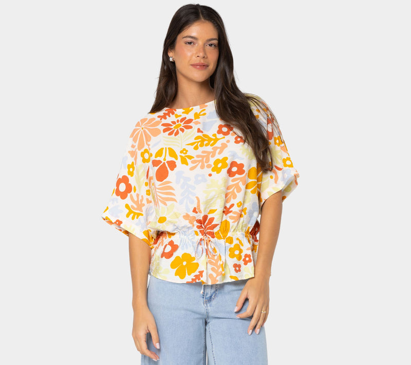 Peace Love World Boheme Printed Boat Neck Top w/Cinched Waist — View 7