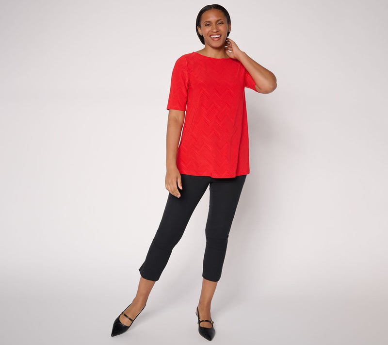 Susan Graver Jacquard Petite Liquid Knit Elbow Slv A-Line Tunic — View 7