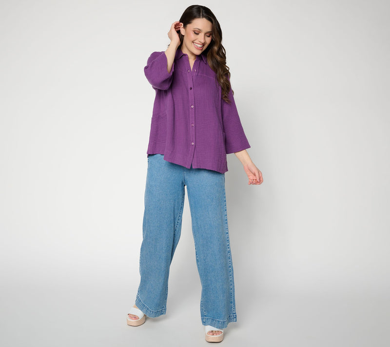 LOGO by Lori Goldstein Textured Cotton Button Front Stripe Shirt — View 5
