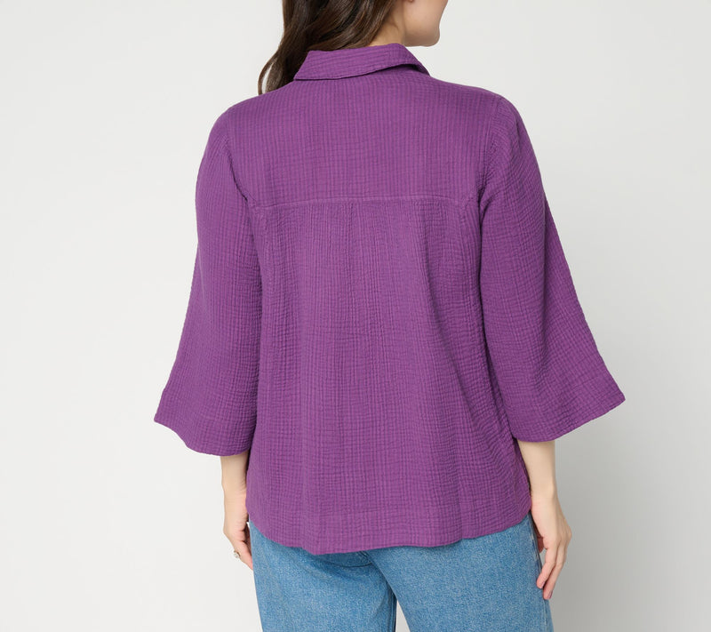 LOGO by Lori Goldstein Textured Cotton Button Front Stripe Shirt — View 4