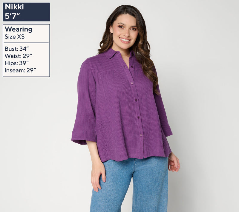 LOGO by Lori Goldstein Textured Cotton Button Front Stripe Shirt — View 3