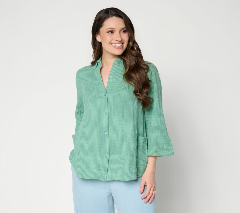 LOGO by Lori Goldstein Textured Cotton Button Front Stripe Shirt — View 12