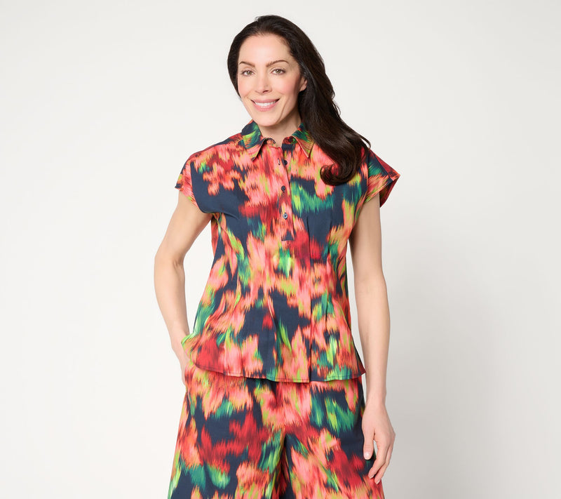 Carla Rockmore Collection Cotton Rich Pleated Waist Henley Shirt — Main view
