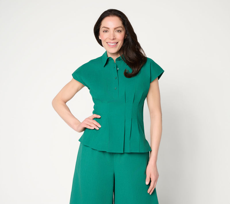 Carla Rockmore Collection Cotton Rich Pleated Waist Henley Shirt — View 5