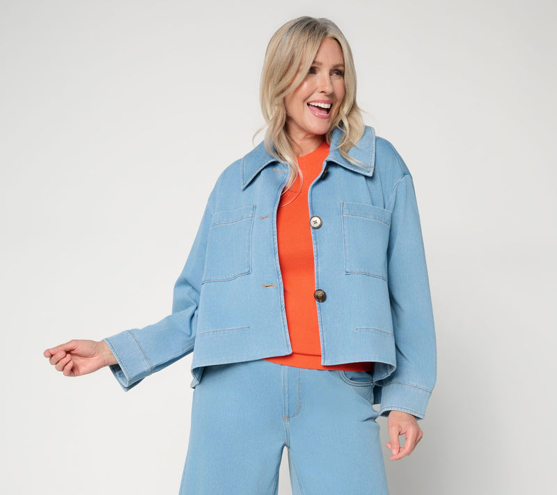 Carla Rockmore Collection Hi-Lo Downtown Knit Denim Swing Jacket — Main view