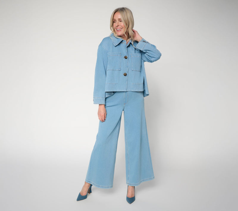 Carla Rockmore Collection Hi-Lo Downtown Knit Denim Swing Jacket — View 5