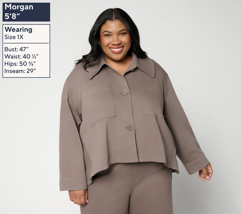 Carla Rockmore Collection Hi-Lo Downtown Knit Denim Swing Jacket — View 2