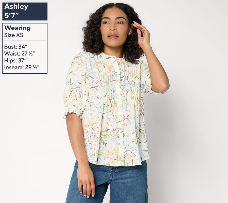 NYDJ Pleated Short-Sleeve Printed Blouse — View 3