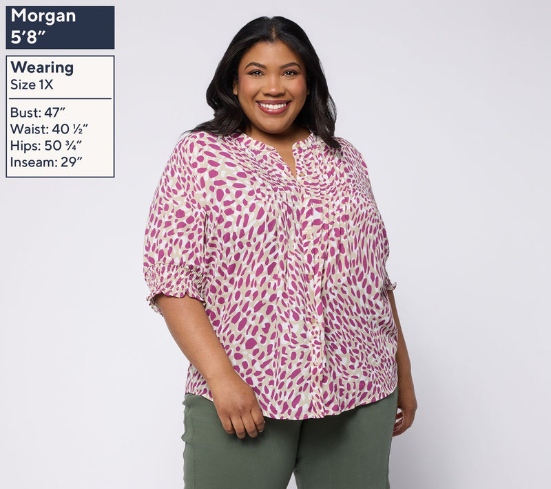 NYDJ Pleated Short-Sleeve Printed Blouse — View 2