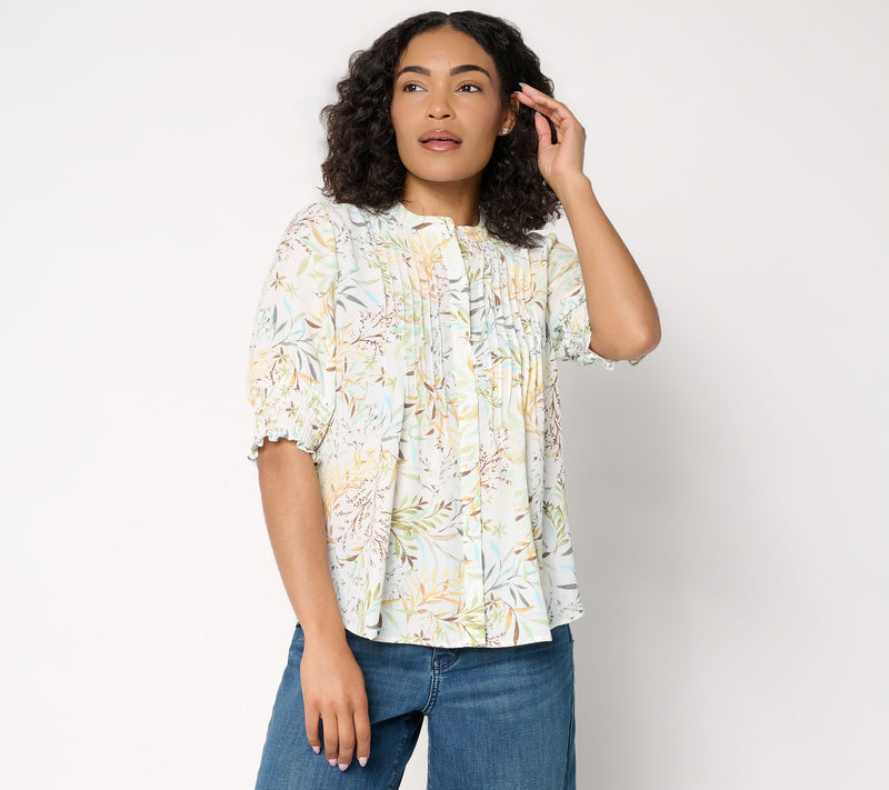 NYDJ Pleated Short-Sleeve Printed Blouse — View 11