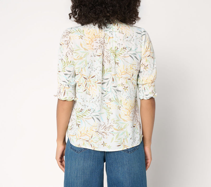 NYDJ Pleated Short-Sleeve Printed Blouse — View 4