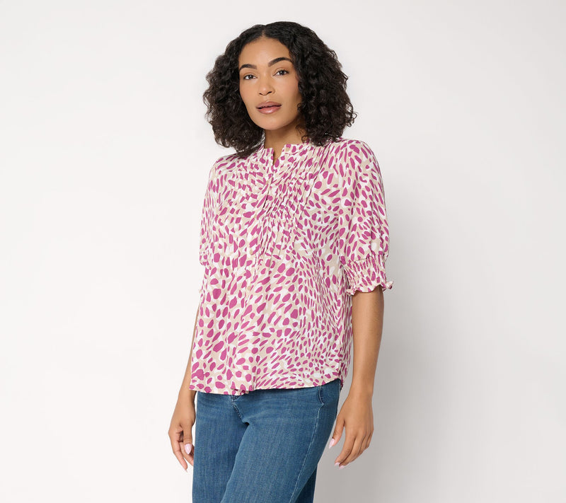 NYDJ Pleated Short-Sleeve Printed Blouse — View 12