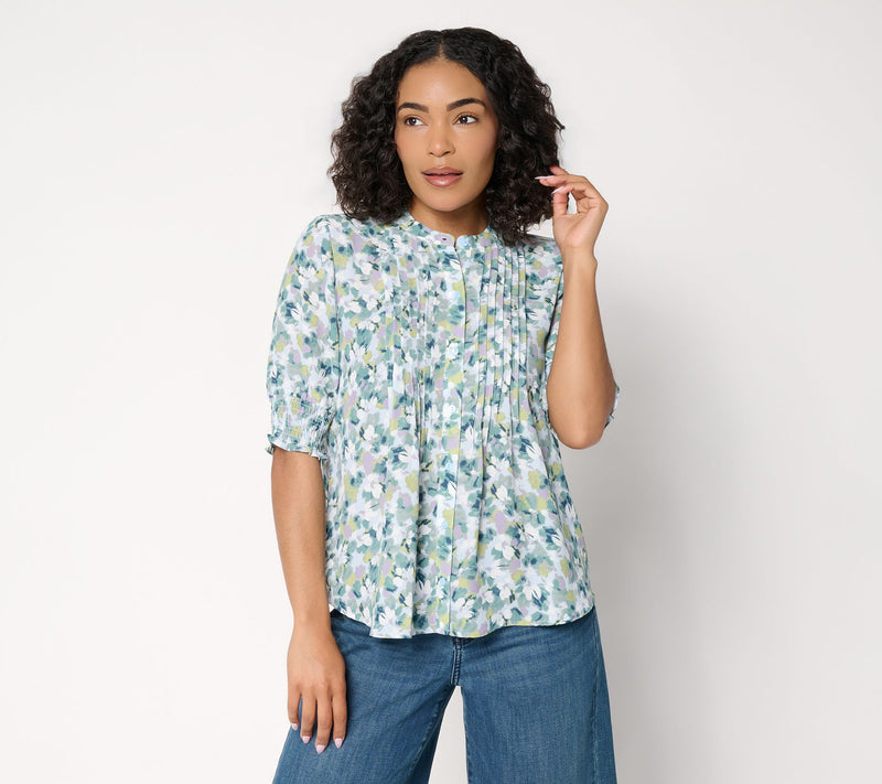 NYDJ Pleated Short-Sleeve Printed Blouse — View 13