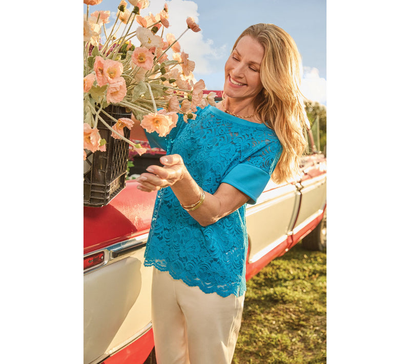 BEAUTIFUL by Lawrence Zarian Knit Lace Boat Neck Top with Tank — View 8