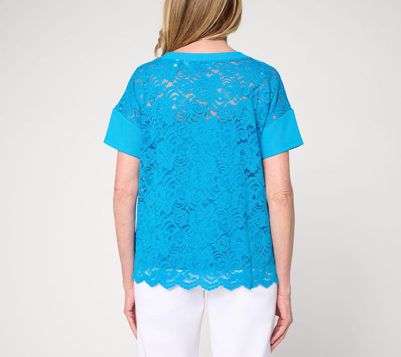 BEAUTIFUL by Lawrence Zarian Knit Lace Boat Neck Top with Tank — View 4