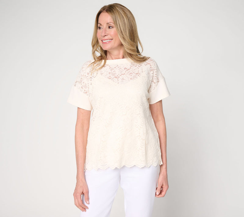 BEAUTIFUL by Lawrence Zarian Knit Lace Boat Neck Top with Tank — View 14