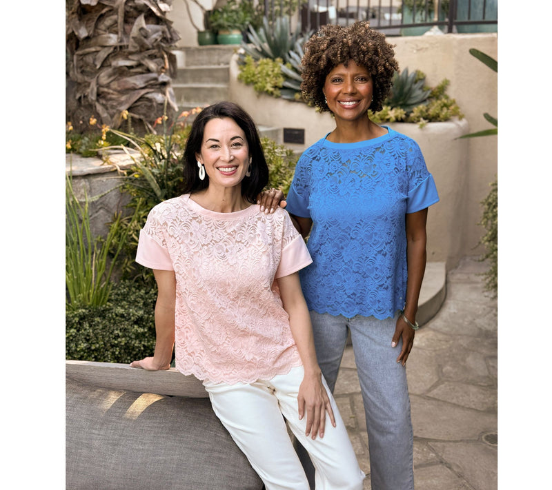 BEAUTIFUL by Lawrence Zarian Knit Lace Boat Neck Top with Tank — View 7