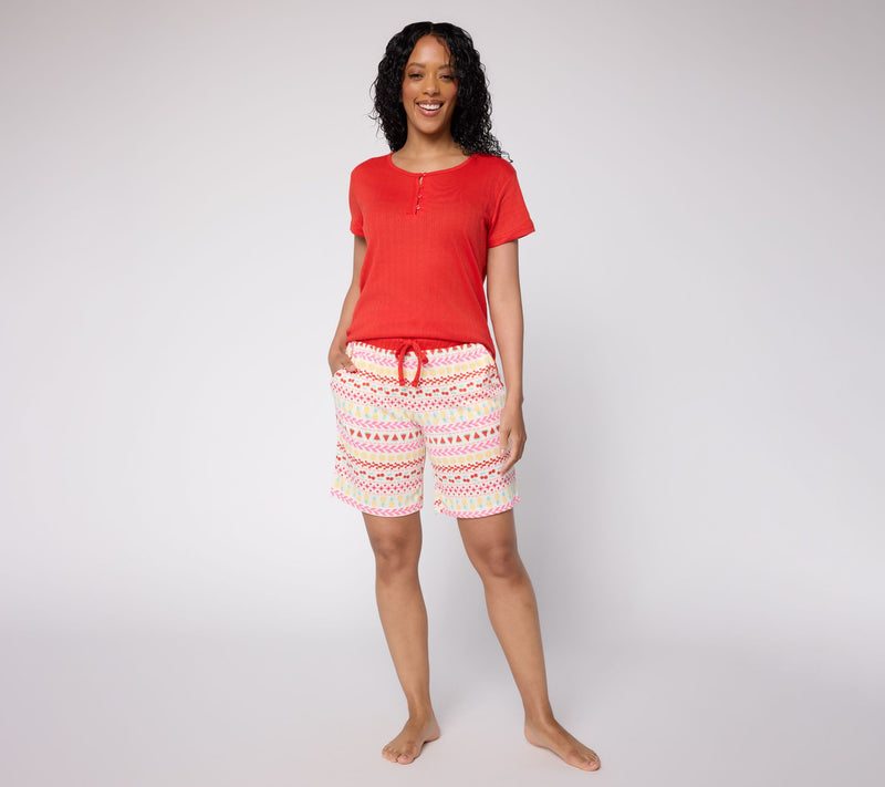 MUK LUKS Pointelle Lace Neck Tee and Short Lounge Set — View 5