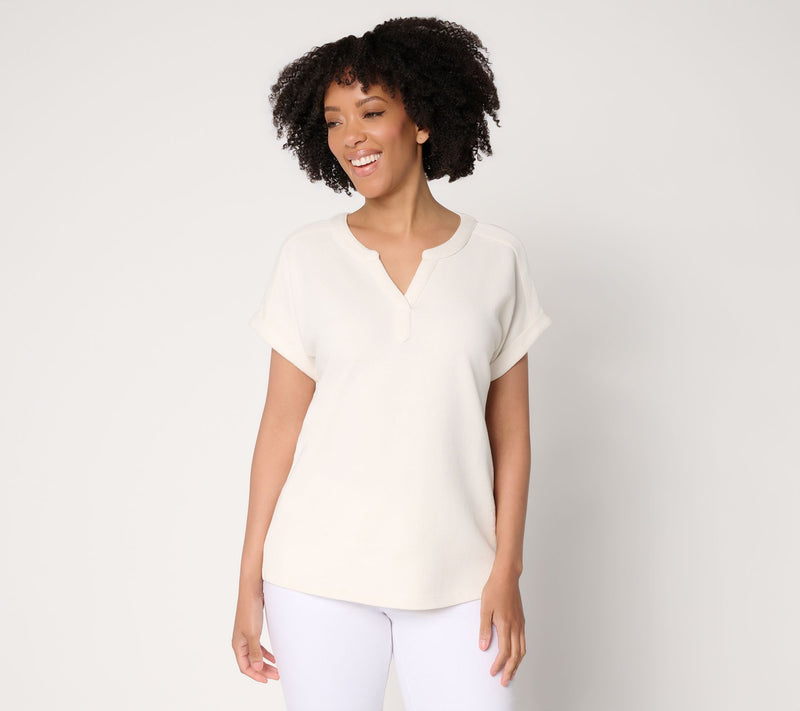 Denim & Co. Beach Tideline Terry Dolman Sleeve Split Neck Top — View 11