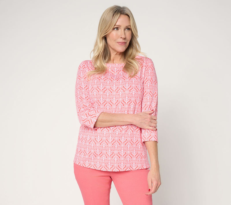 Denim & Co. Printed Beach Jersey 3/4-Sleeve Boat Neck Top — Main view