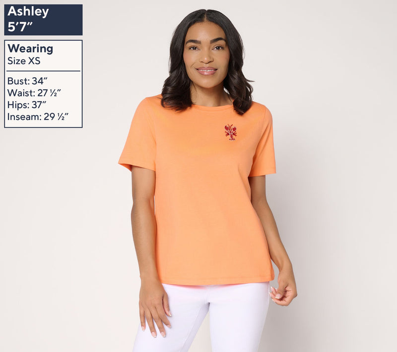 Denim & Co. 100% Cotton Short Sleeve Tee with Embroidery — View 2