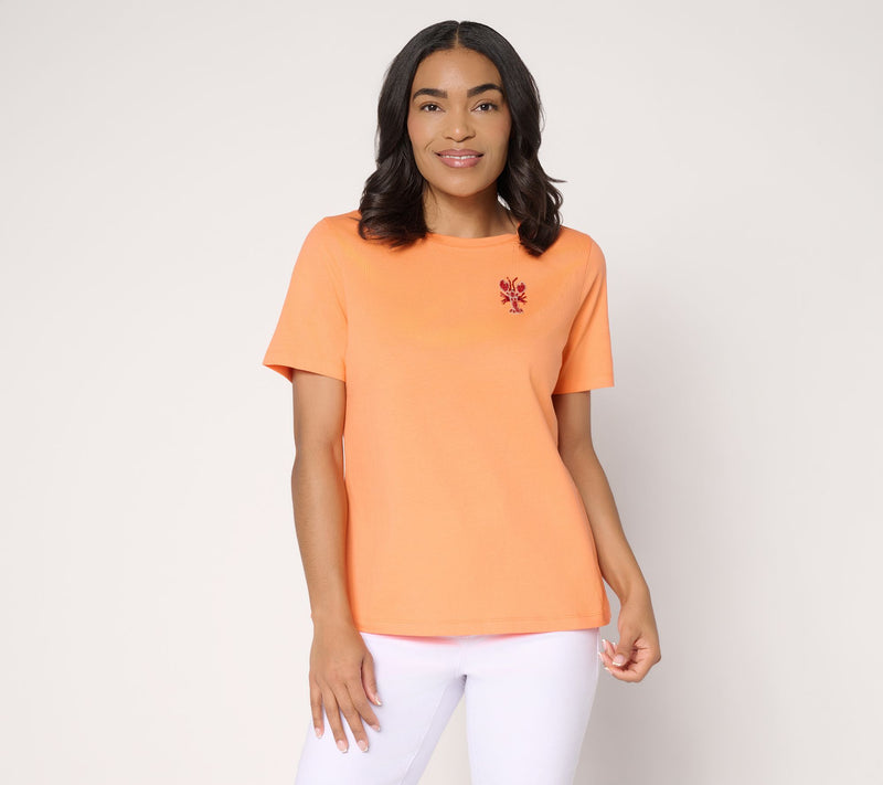 Denim & Co. 100% Cotton Short Sleeve Tee with Embroidery — Main view