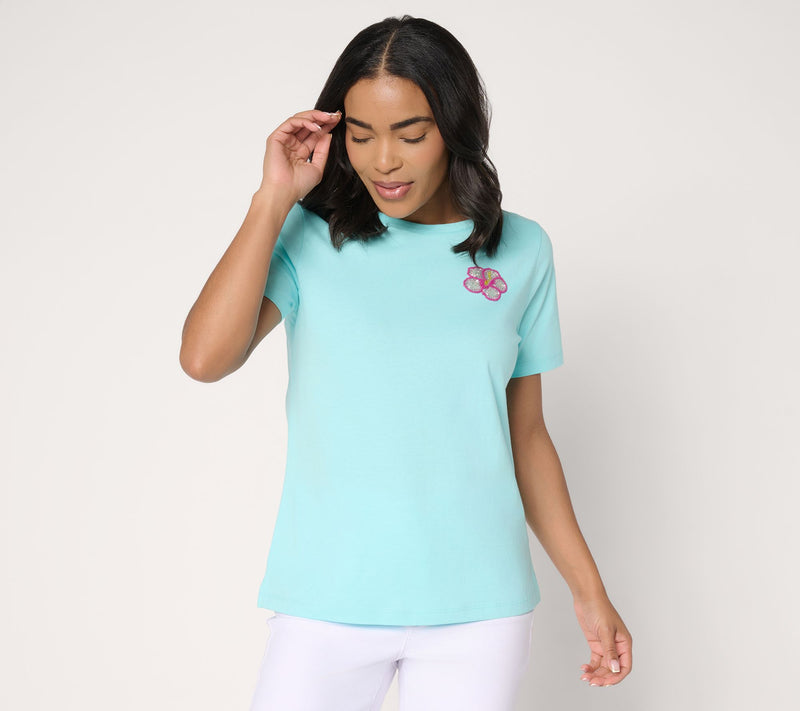 Denim & Co. 100% Cotton Short Sleeve Tee with Embroidery — View 12