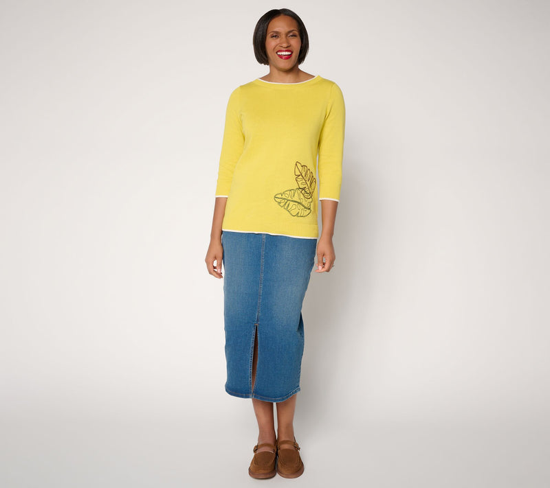 Denim & Co. 100% Cotton Boat Neck Sweater with Motif — View 8
