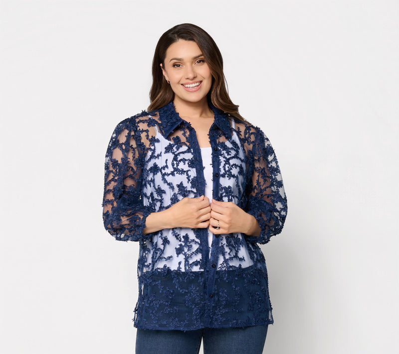 Dennis Basso Regular Texture Knit Mesh Button Front Shrug — Main view