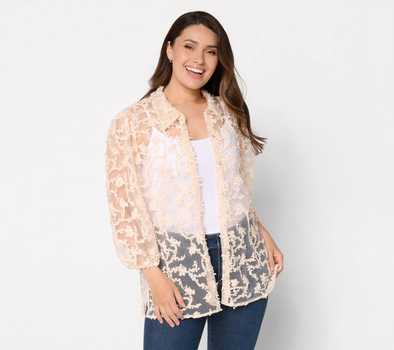Dennis Basso Regular Texture Knit Mesh Button Front Shrug — View 7
